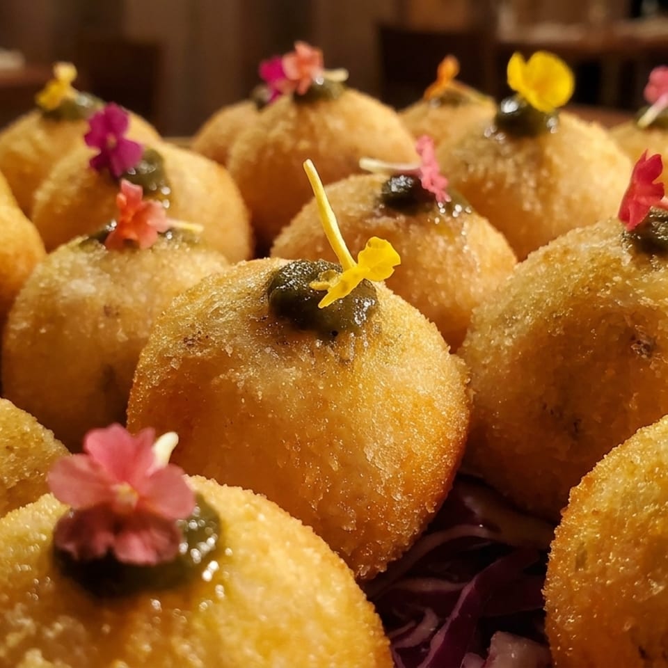 Golden fried arancini balls, each topped with green sauce and a small colorful edible flower.