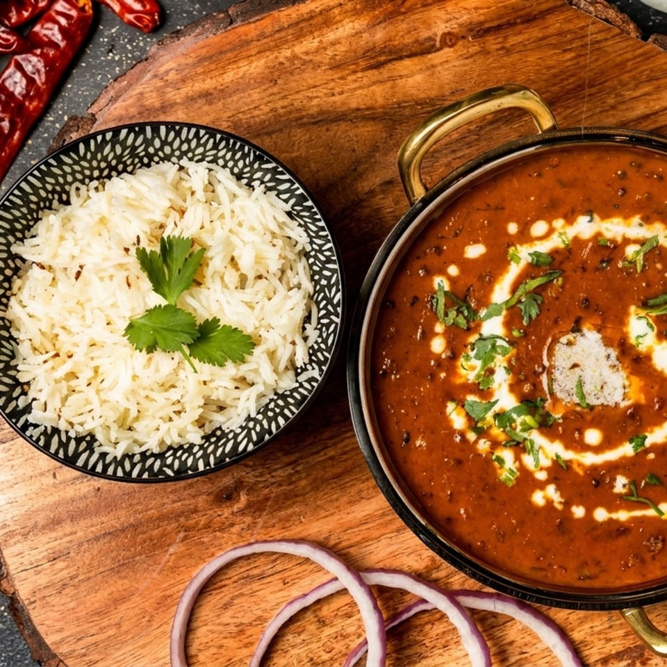 A bowl of white rice with cilantro and a pot of creamy dal makhani on a wooden board.