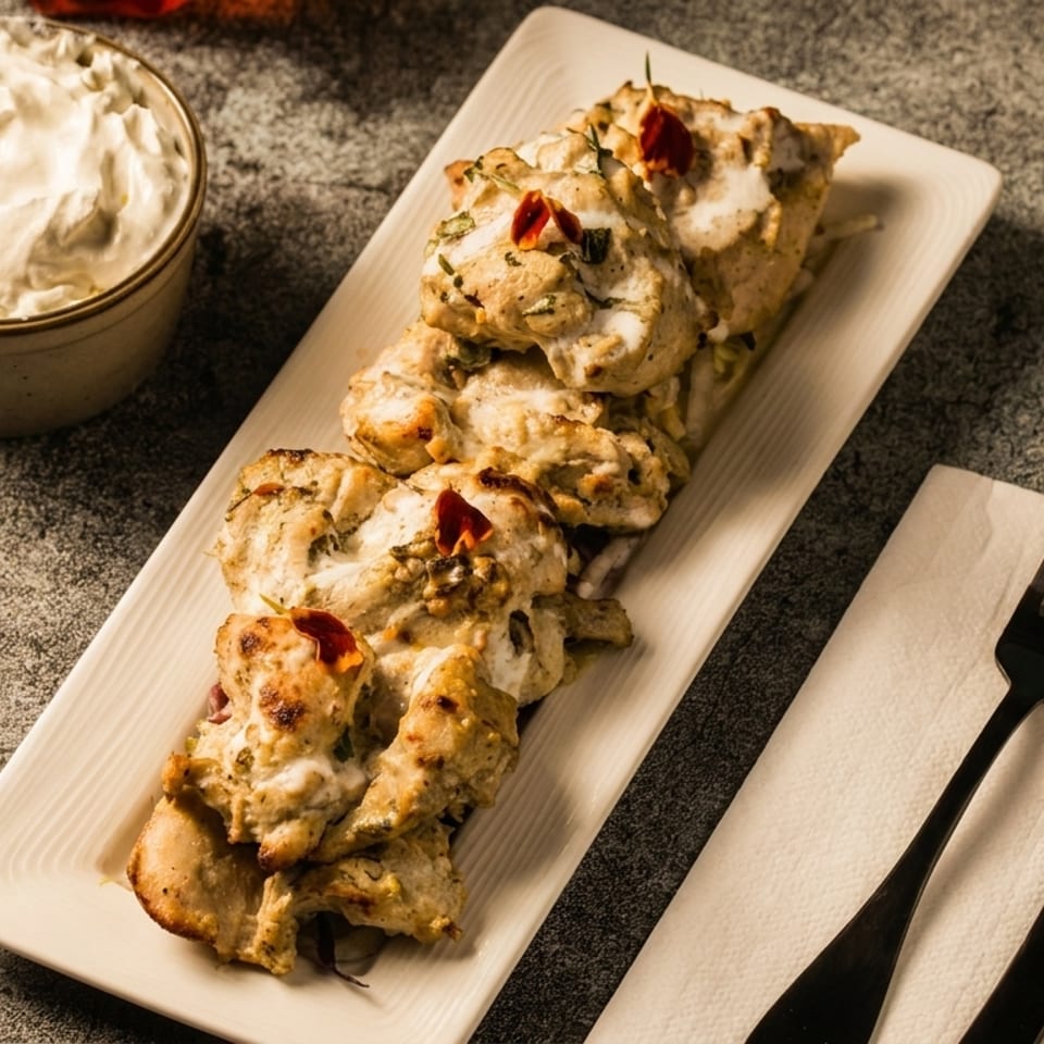 Creamy chicken tikka on a white platter with a side of dipping sauce and black cutlery.