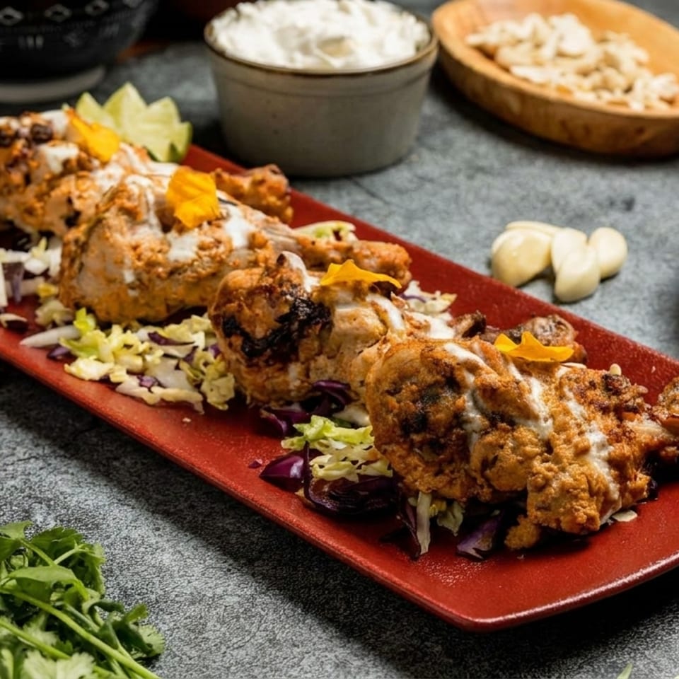 Four chicken drumsticks on a red platter with shredded cabbage, lime, and sauces.