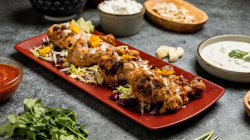 Four chicken drumsticks on a red platter with shredded cabbage, lime, and sauces.