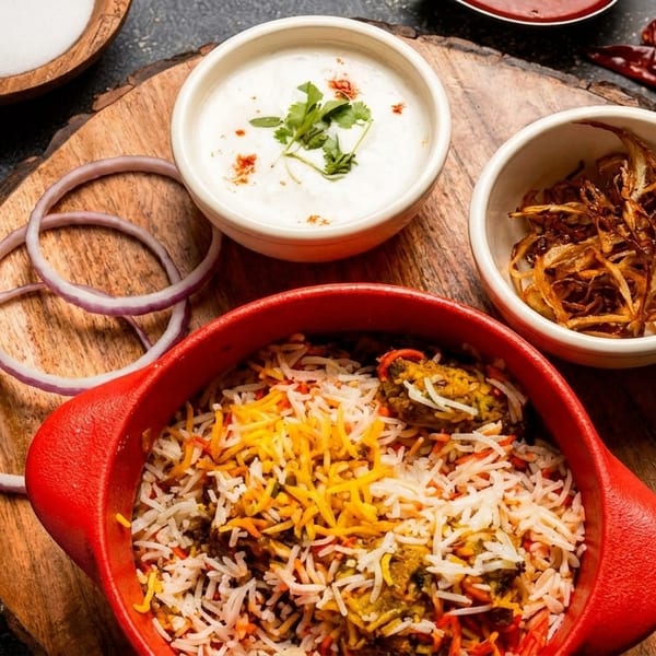 Biryani in a red pot with raita, fried onions, and fresh onion rings on a wooden board.