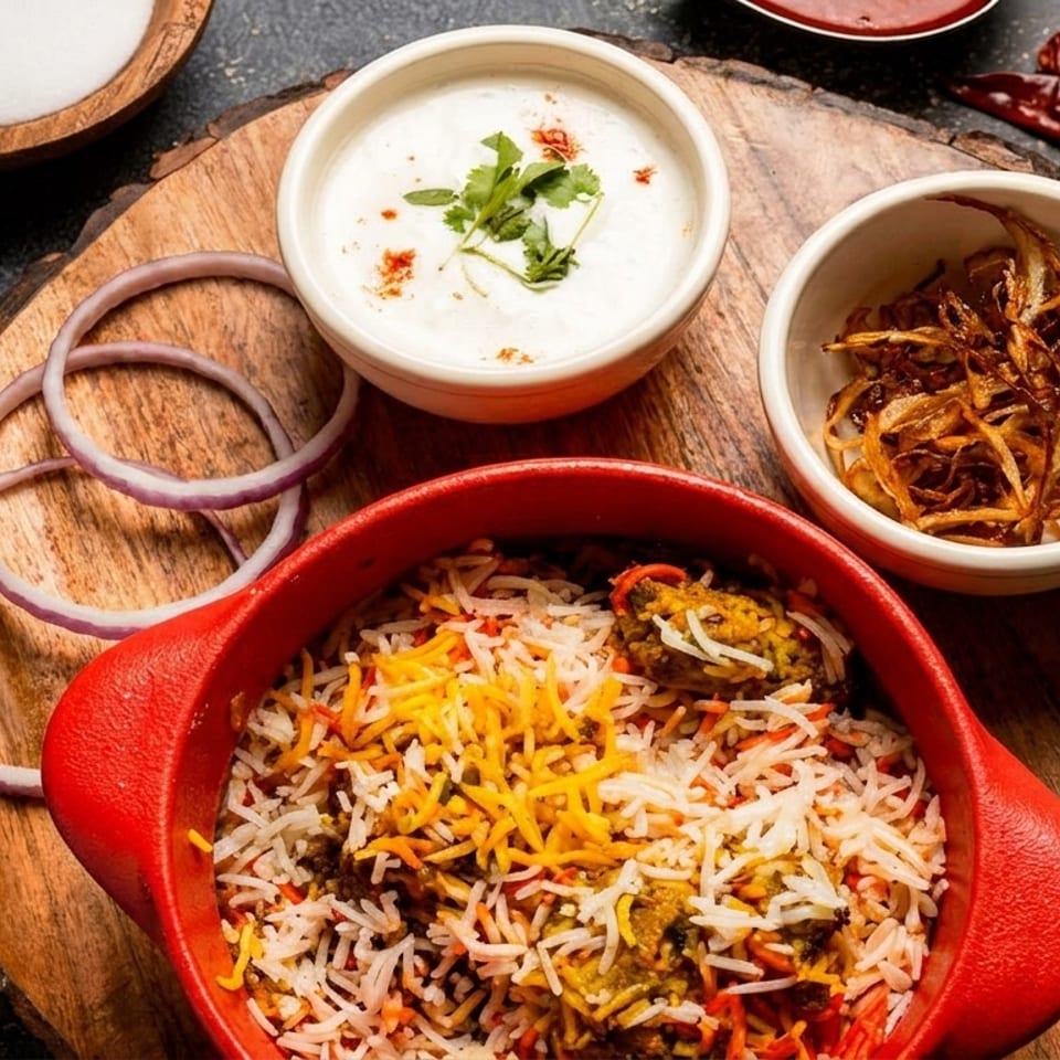Biryani in a red pot with raita, fried onions, and fresh onion rings on a wooden board.