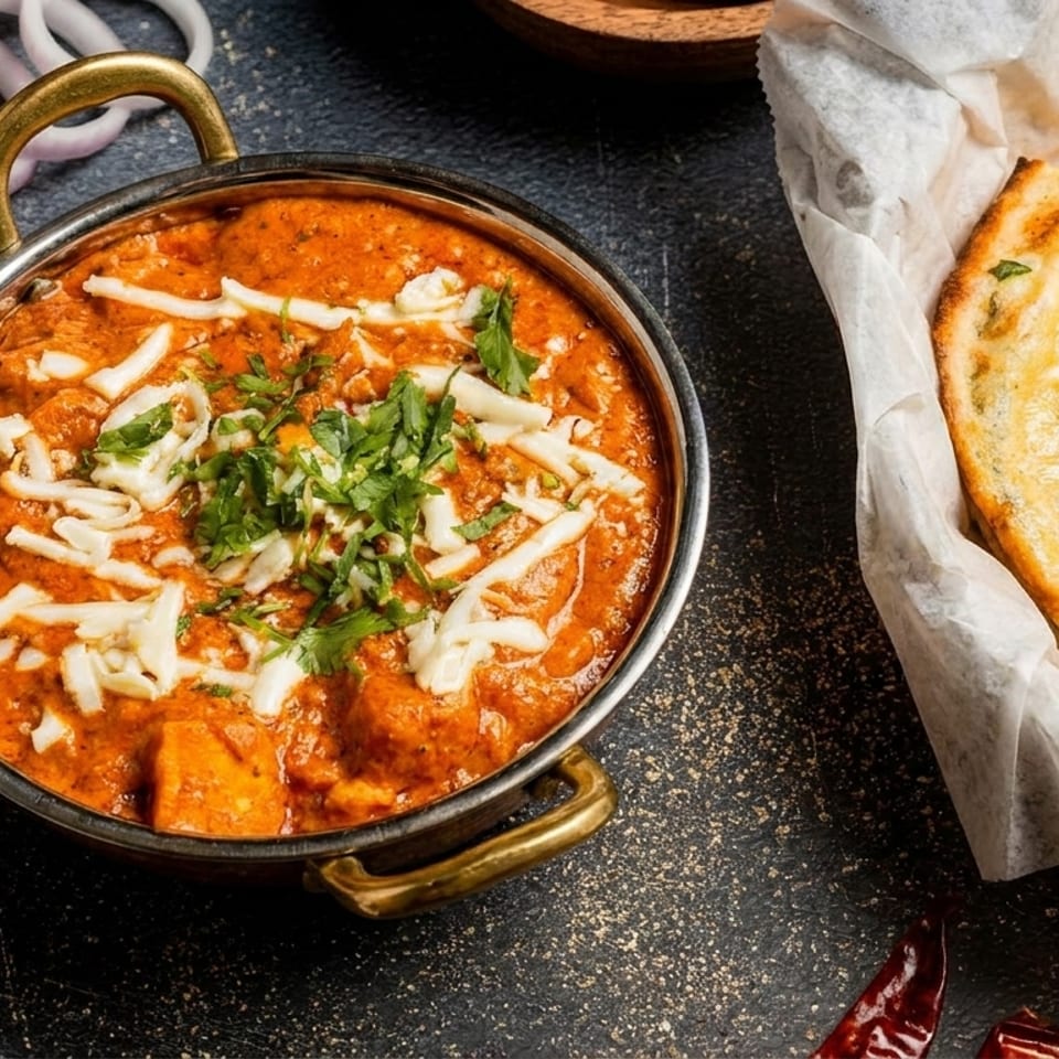 Indian butter chicken or paneer in a copper pot with naan bread, onions, and tomatoes.